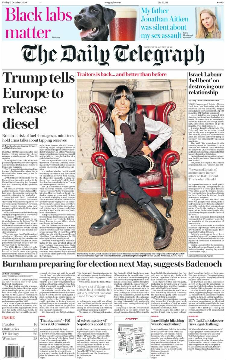 Portada de Daily Telegraph (Reino Unido)