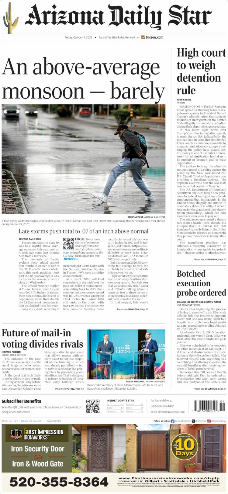 Portada de Arizona Daily Star (USA)