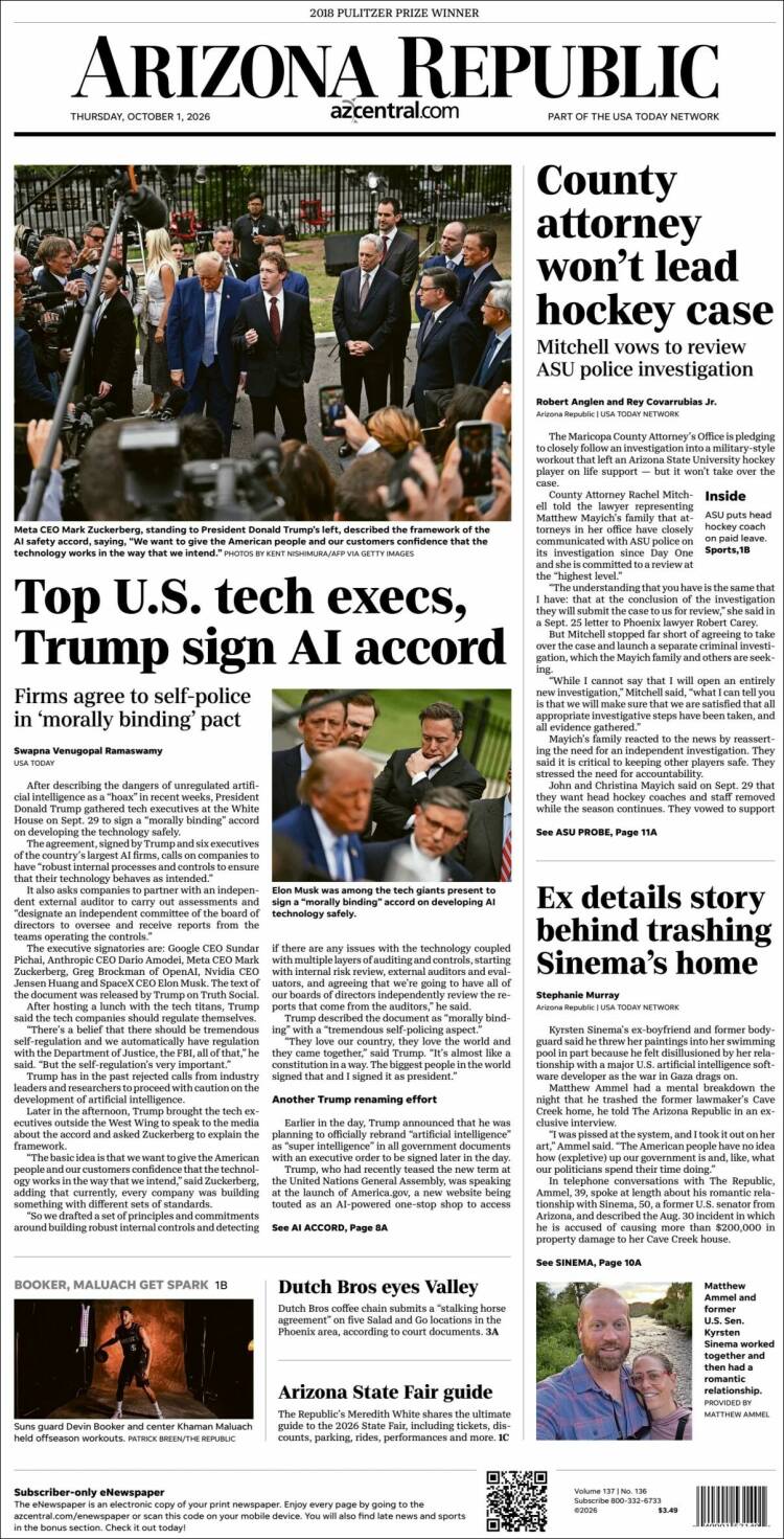 Portada de Arizona Republic News (USA)