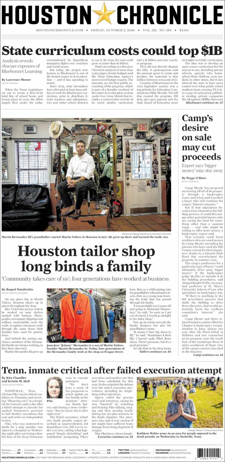 Portada de Houston Chronicle (USA)