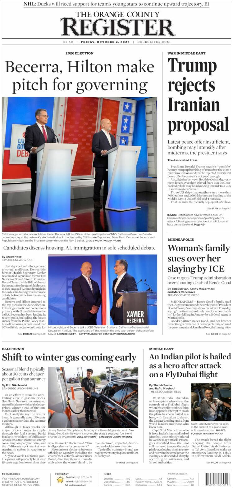 Portada de The Orange County Register (USA)