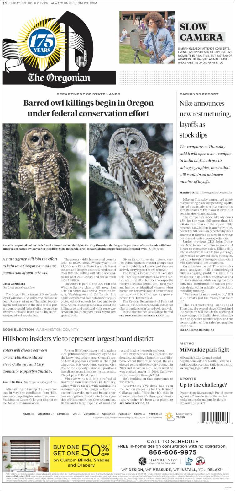 Portada de The Oregonian (USA)