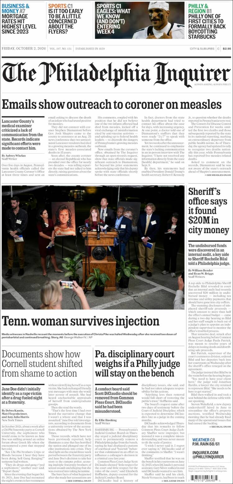 Portada de Philadelphia Inquirer (USA)