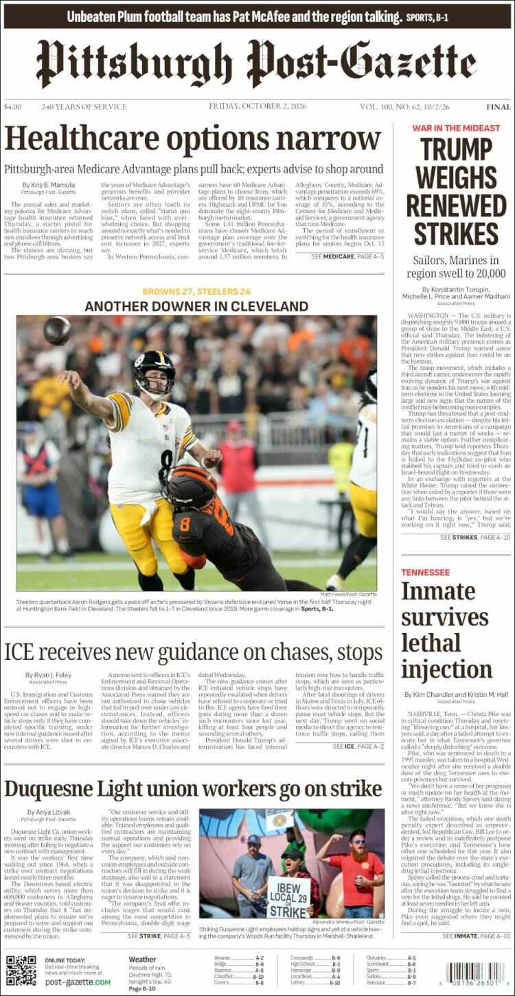 Portada de Pittsburgh Post-Gazette (USA)