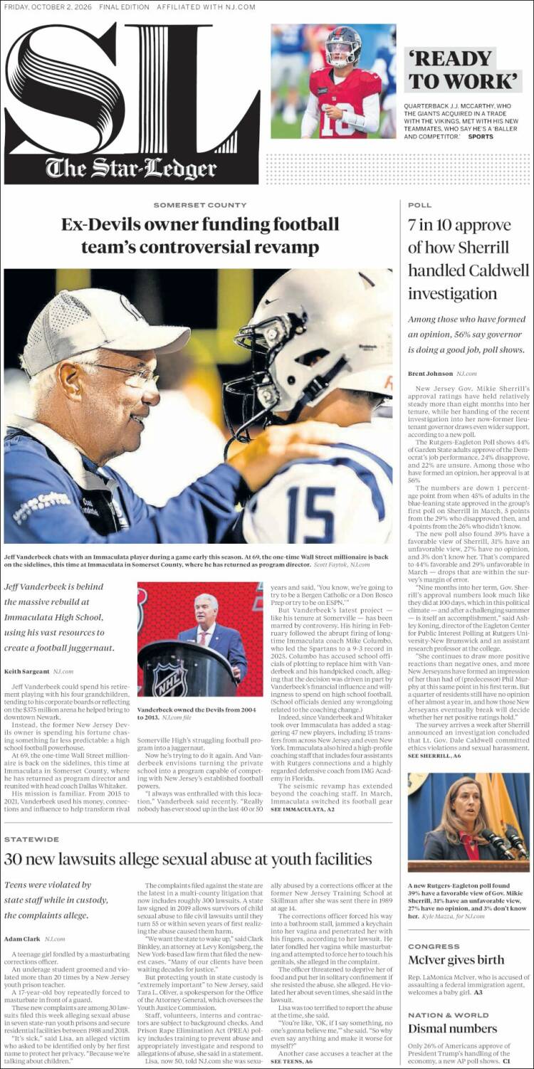 Portada de Star-Ledger (USA)