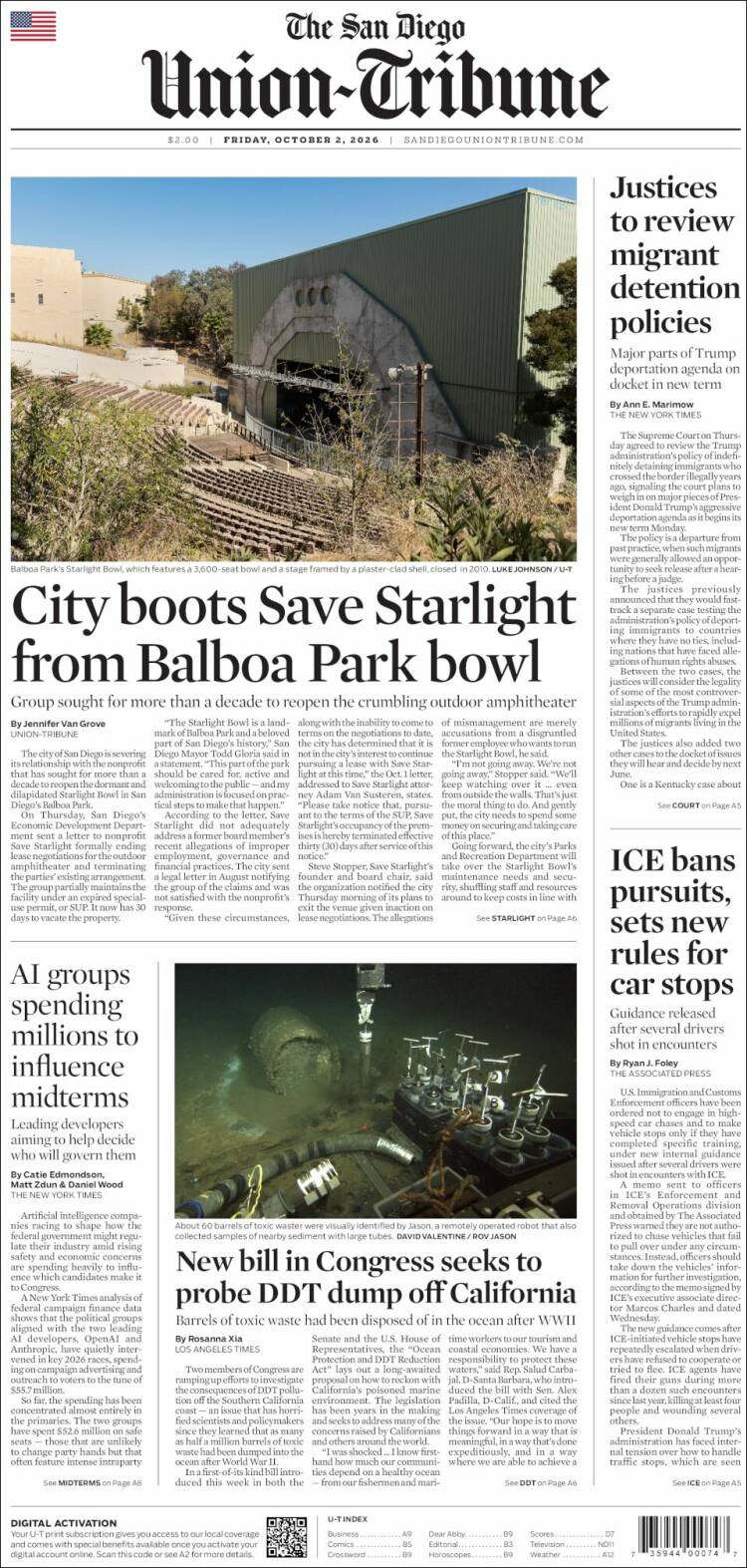 Portada de The San Diego Union-Tribune (USA)