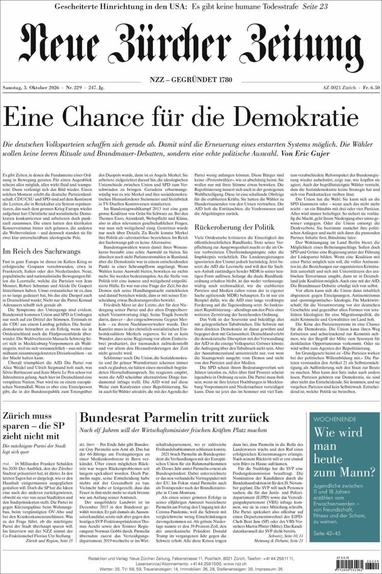 Portada de Neue Zürcher Zeitung (Suiza)