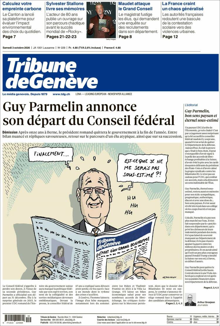 Portada de La Tribune de Genève (Suiza)