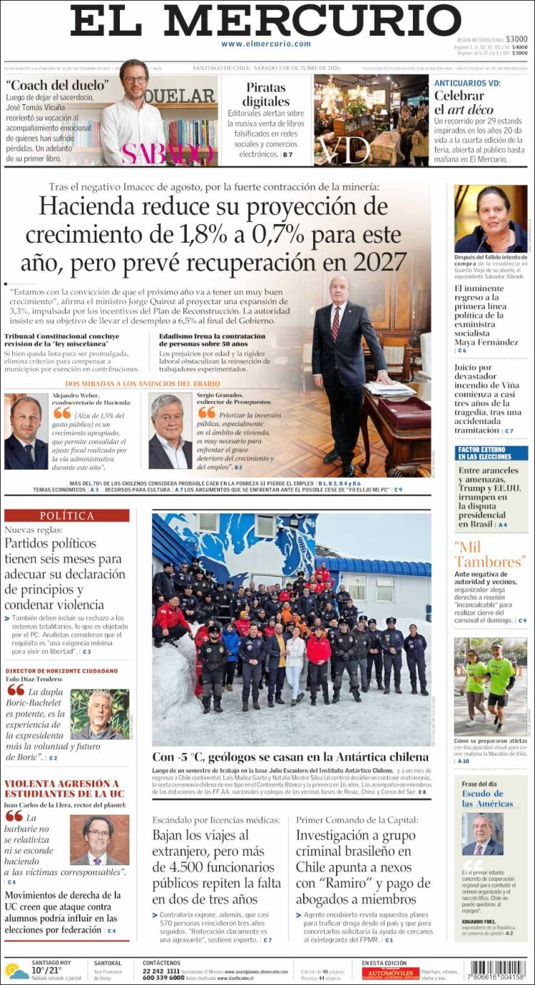 Portada del diario El Mercurio del 03/10/2026