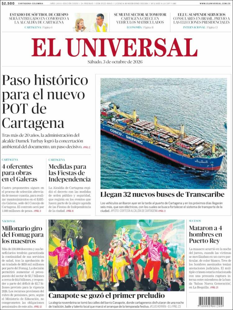 Portada de El Universal (Colombia)