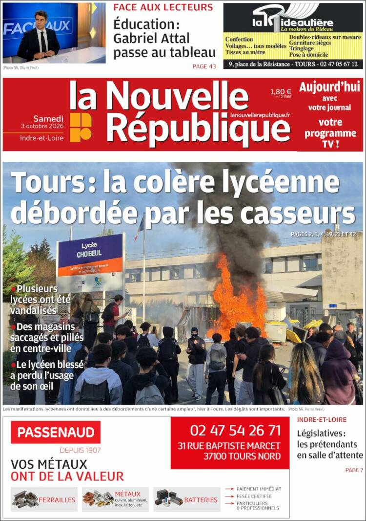 Portada de La Nouvelle Republique (Francia)