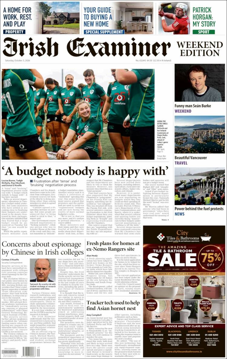 Portada de Irish Examiner (Irlanda)