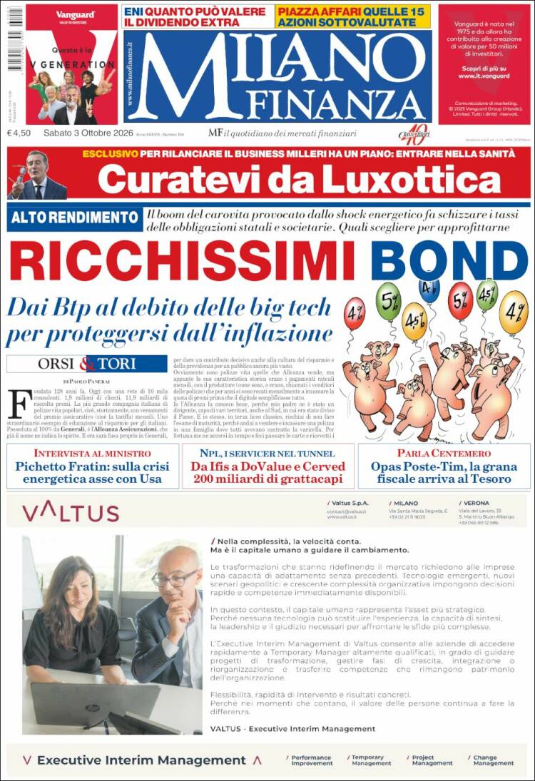 Portada de Milano Finanza (Italia)
