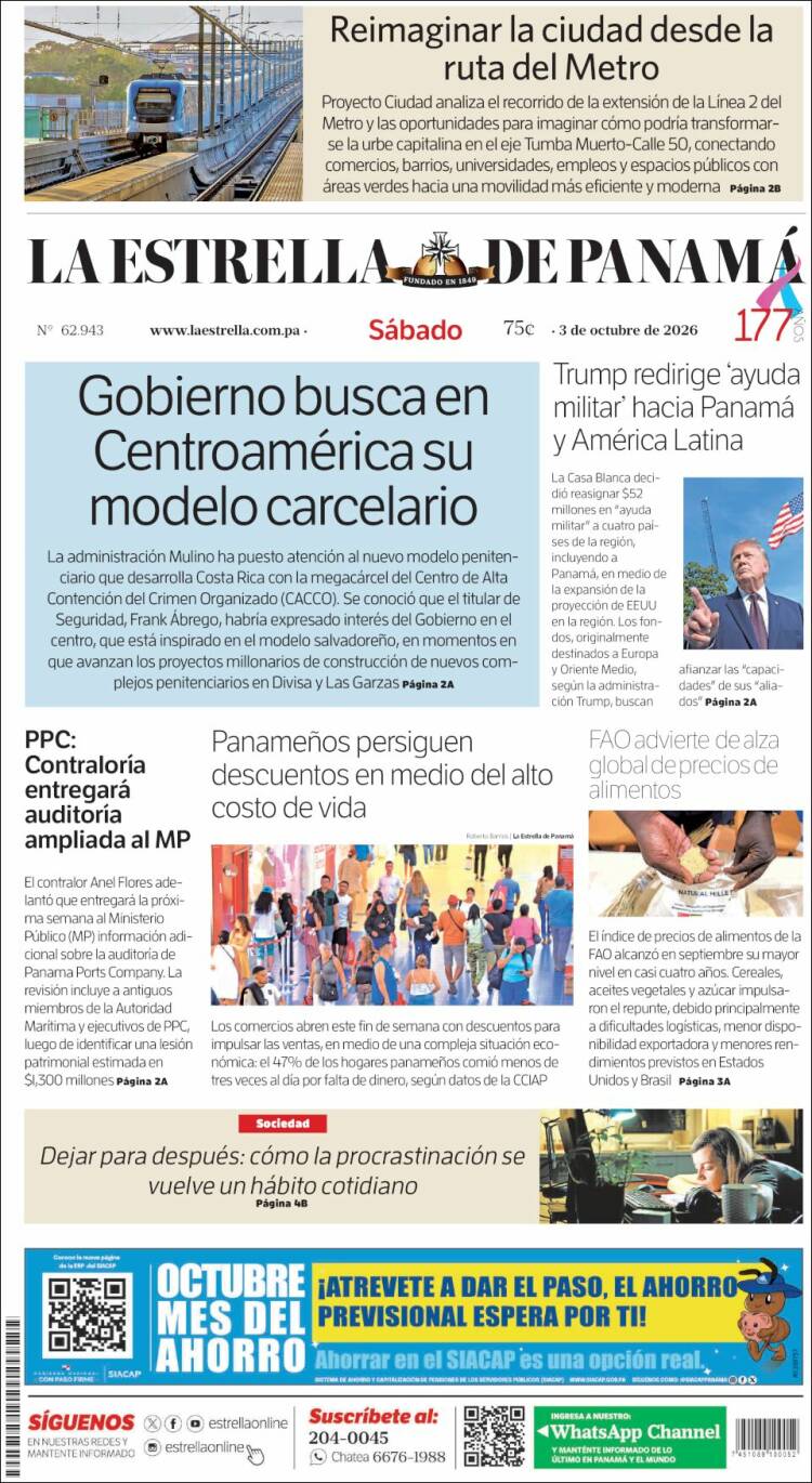 Portada de La Estrella de Panamá (Panam&aacute;)
