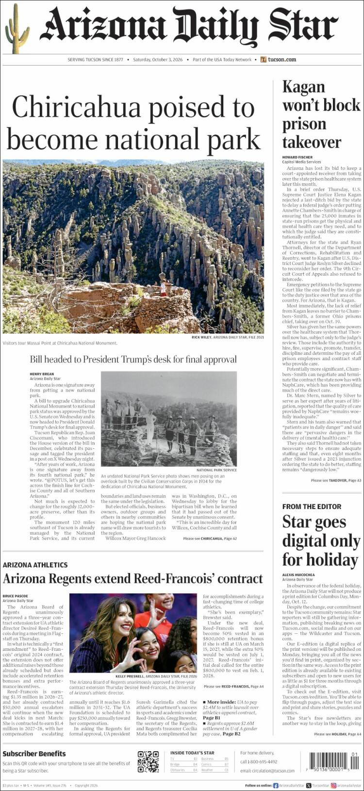 Portada de Arizona Daily Star (USA)