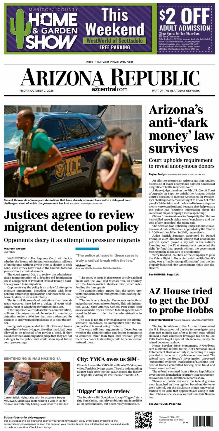Portada de Arizona Republic News (USA)