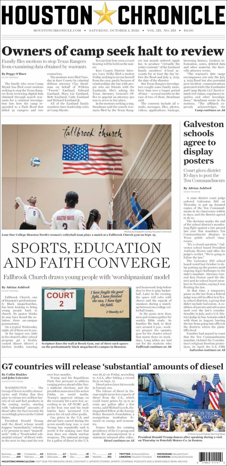Portada de Houston Chronicle (USA)