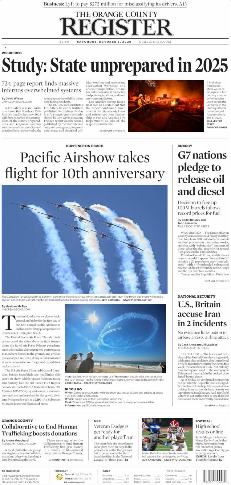 Portada de The Orange County Register (USA)