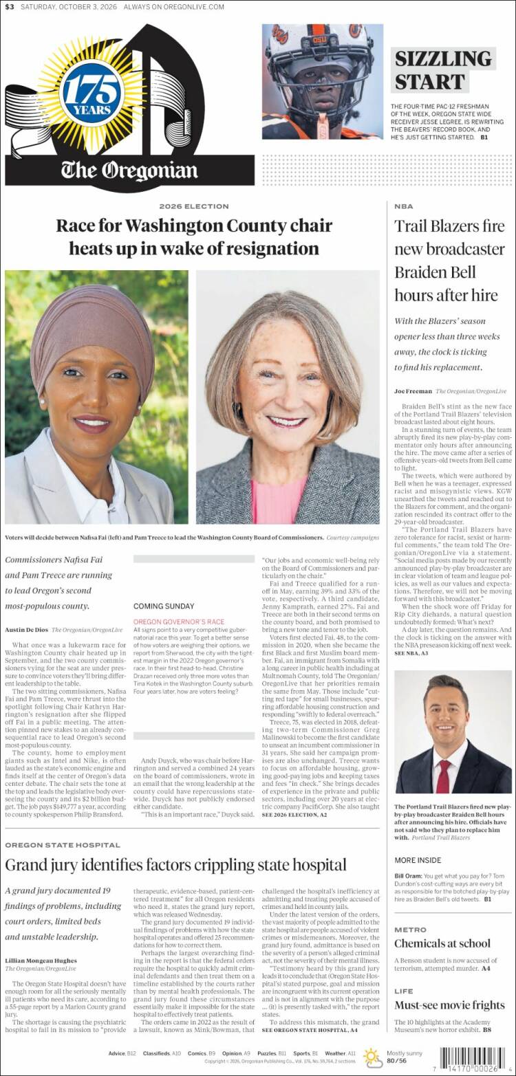 Portada de The Oregonian (USA)