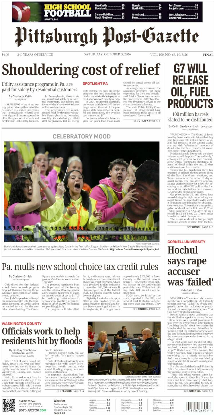 Portada de Pittsburgh Post-Gazette (USA)