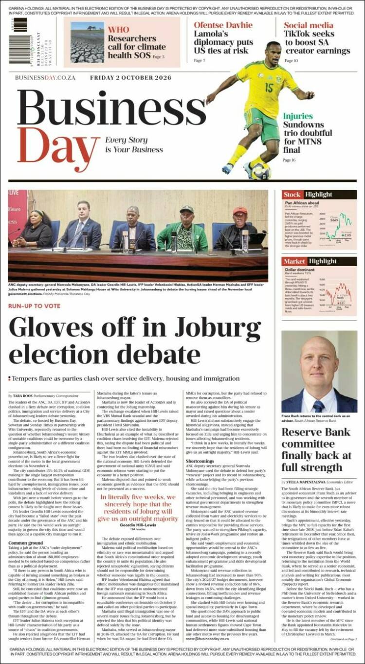 Portada de Business Day (Sud&aacute;frica)