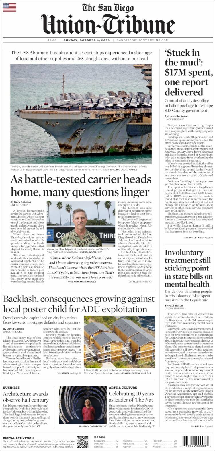 Portada de The San Diego Union-Tribune (USA)