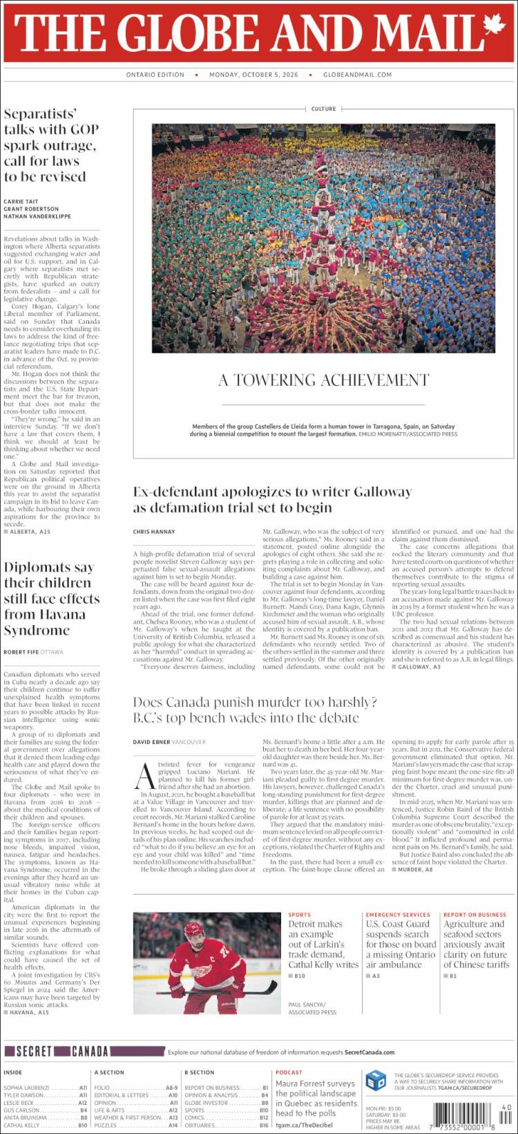 Portada de The Globe and Mail (Canad&aacute;)