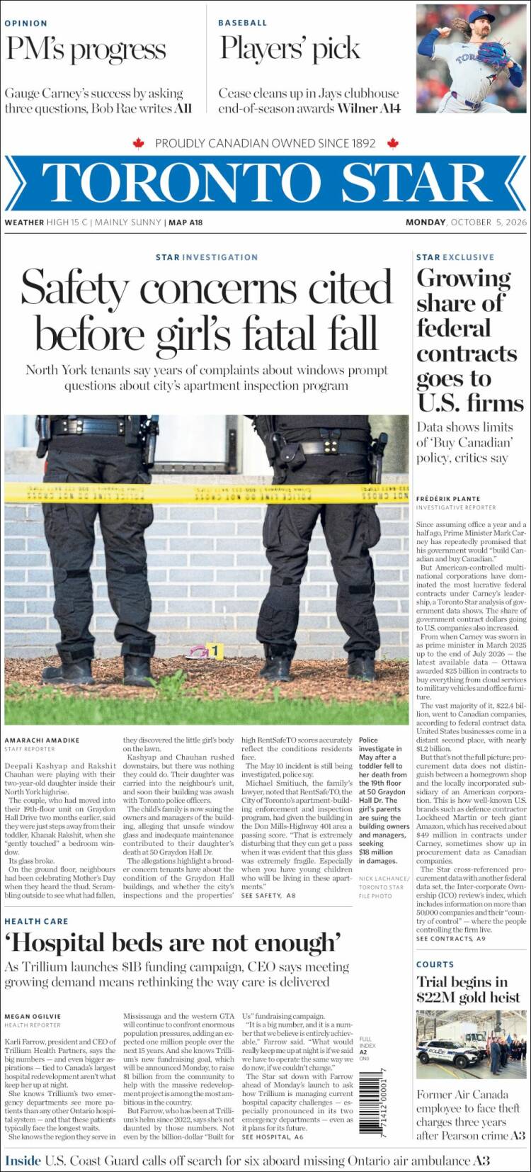 Portada de The Toronto Star (Canad&aacute;)