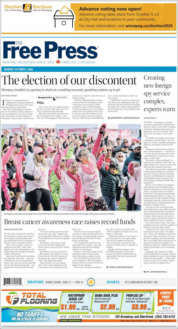 Portada de Winnipeg Free Press (Canad&aacute;)