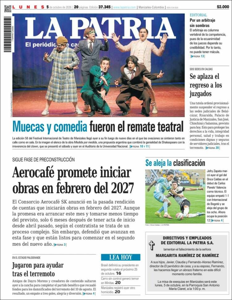 Portada de La Patria (Colombia)