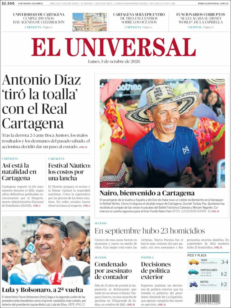 Portada de El Universal (Colombia)