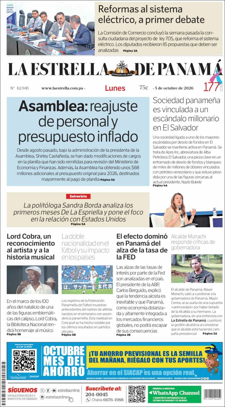 Portada de La Estrella de Panamá (Panam&aacute;)