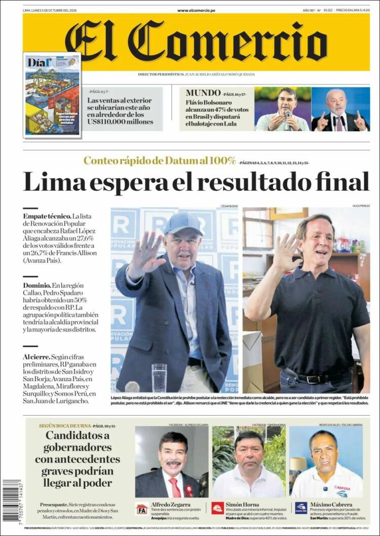Portada de El Comercio (Per&uacute;)
