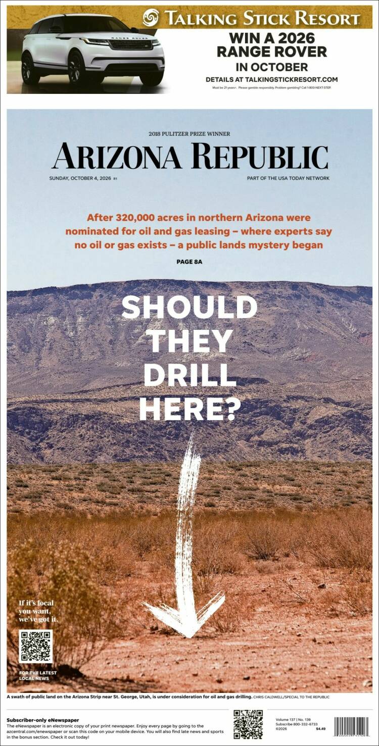 Portada de Arizona Republic News (USA)