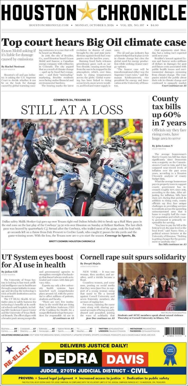 Portada de Houston Chronicle (USA)