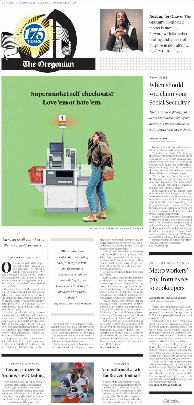 Portada de The Oregonian (USA)
