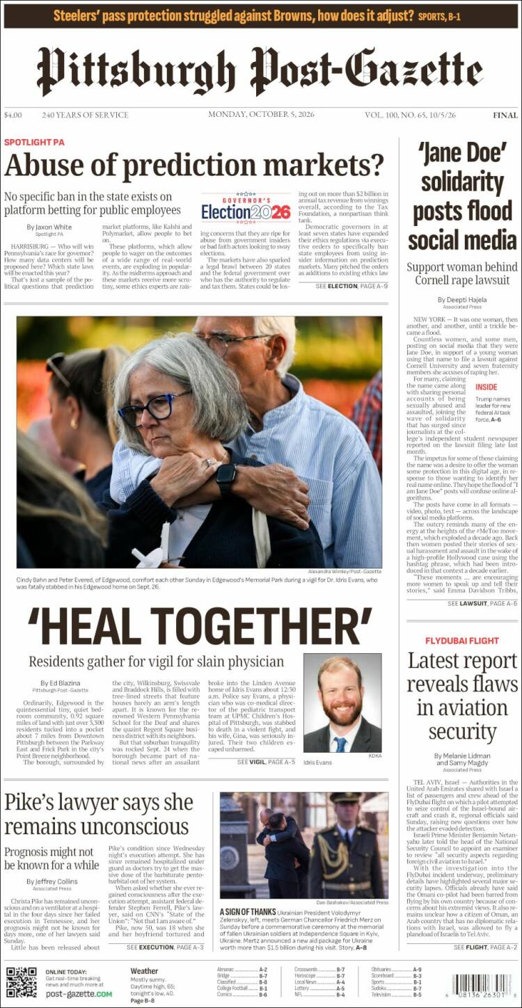 Portada de Pittsburgh Post-Gazette (USA)