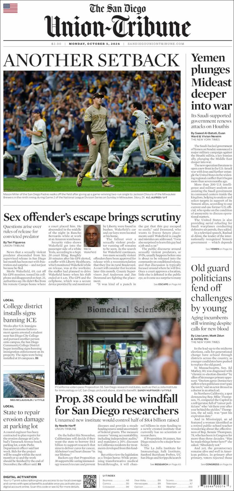 Portada de The San Diego Union-Tribune (USA)