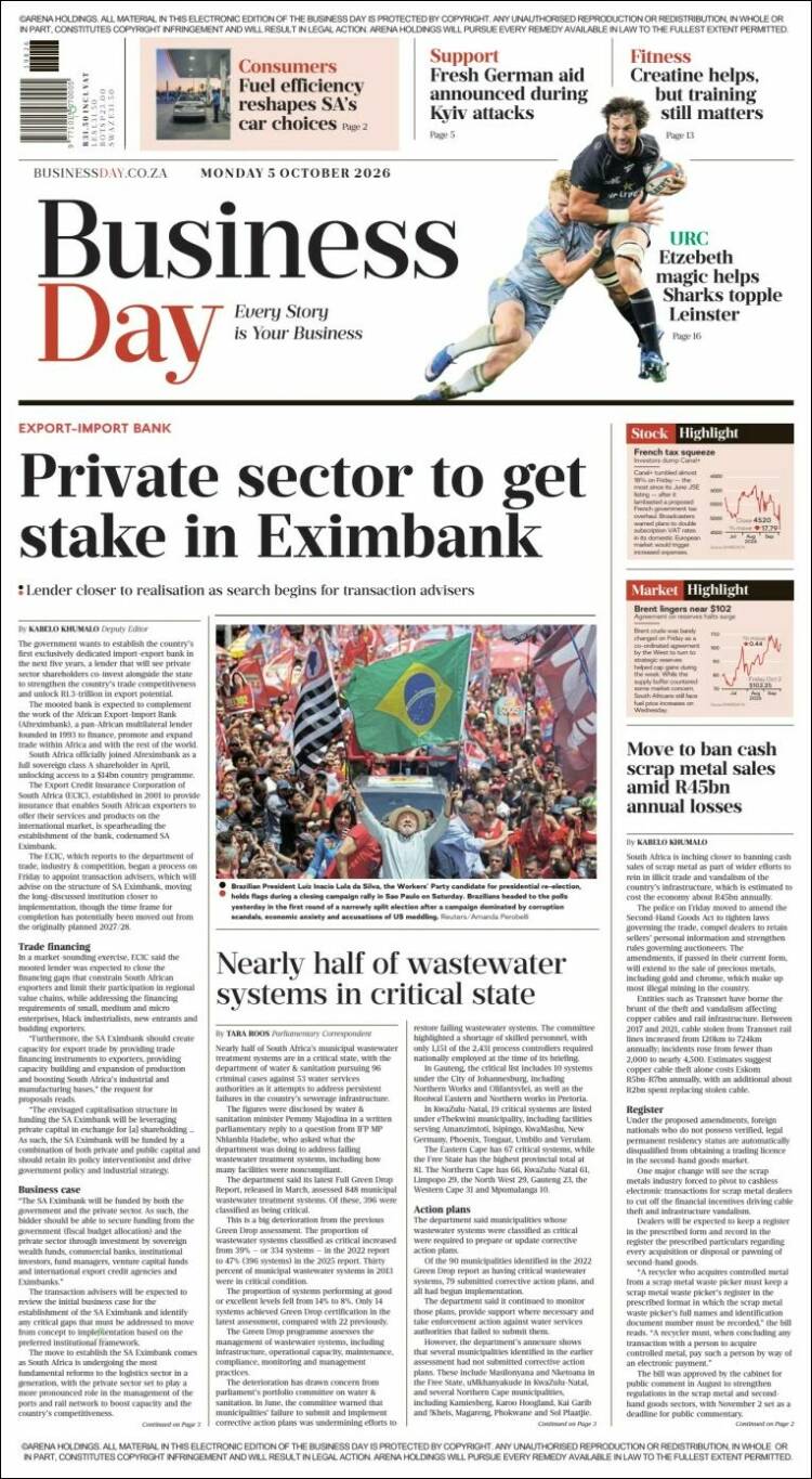 Portada de Business Day (Sud&aacute;frica)