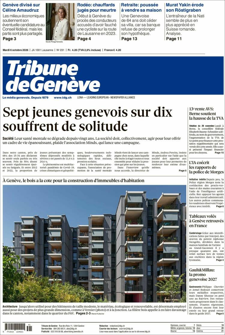 Portada de La Tribune de Genève (Suiza)