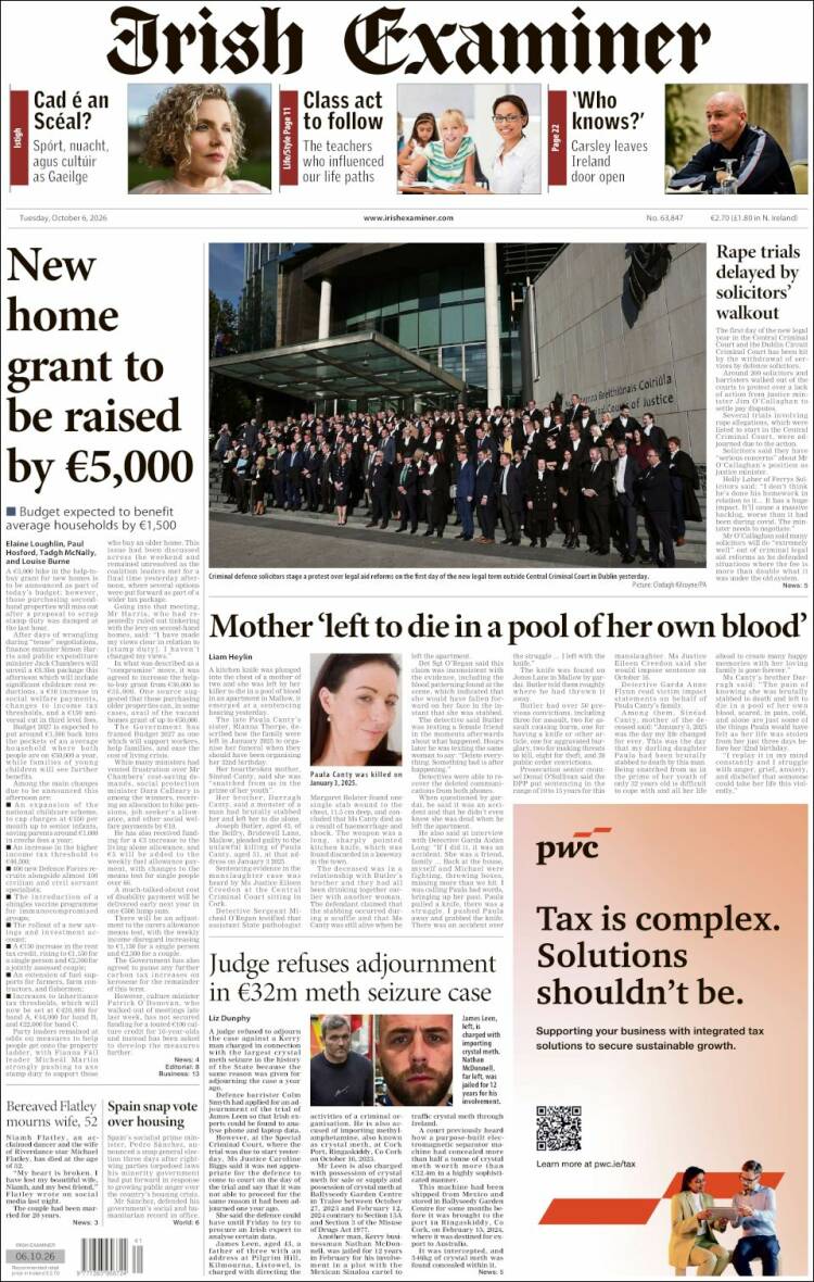 Portada de Irish Examiner (Irlanda)