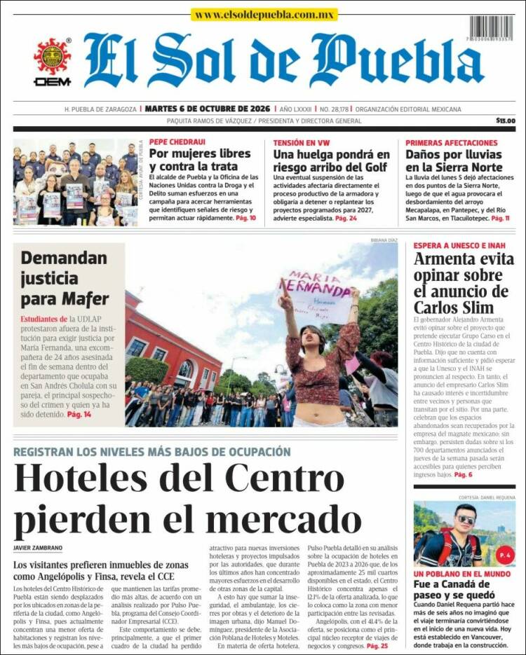 Portada de El Sol de Puebla (M&eacute;xico)