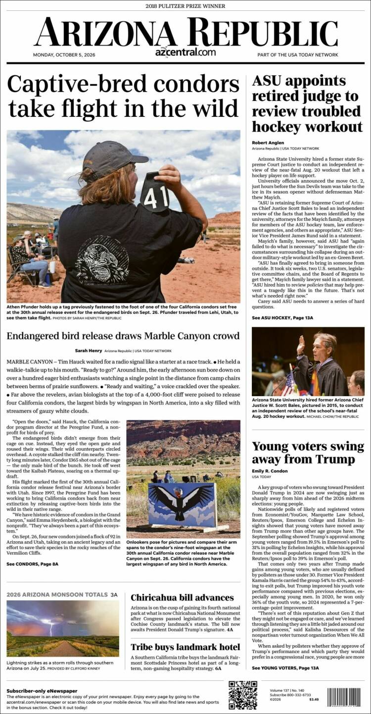 Portada de Arizona Republic News (USA)