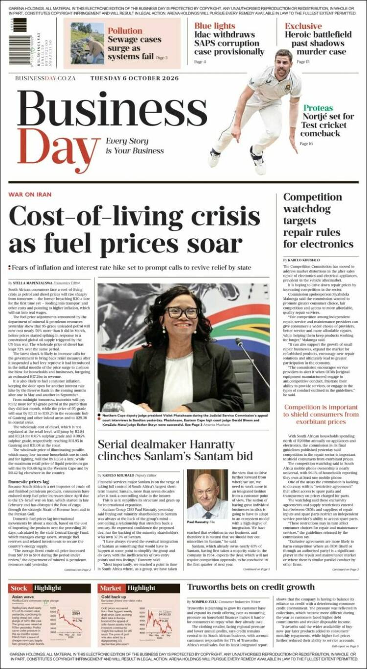 Portada de Business Day (Sud&aacute;frica)