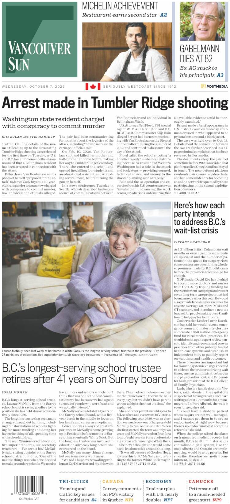 Portada de The Vancouver Sun (Canad&aacute;)