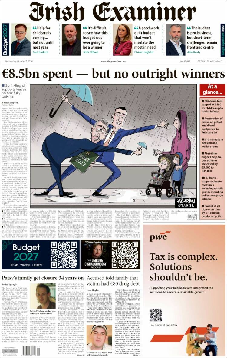 Portada de Irish Examiner (Irlanda)