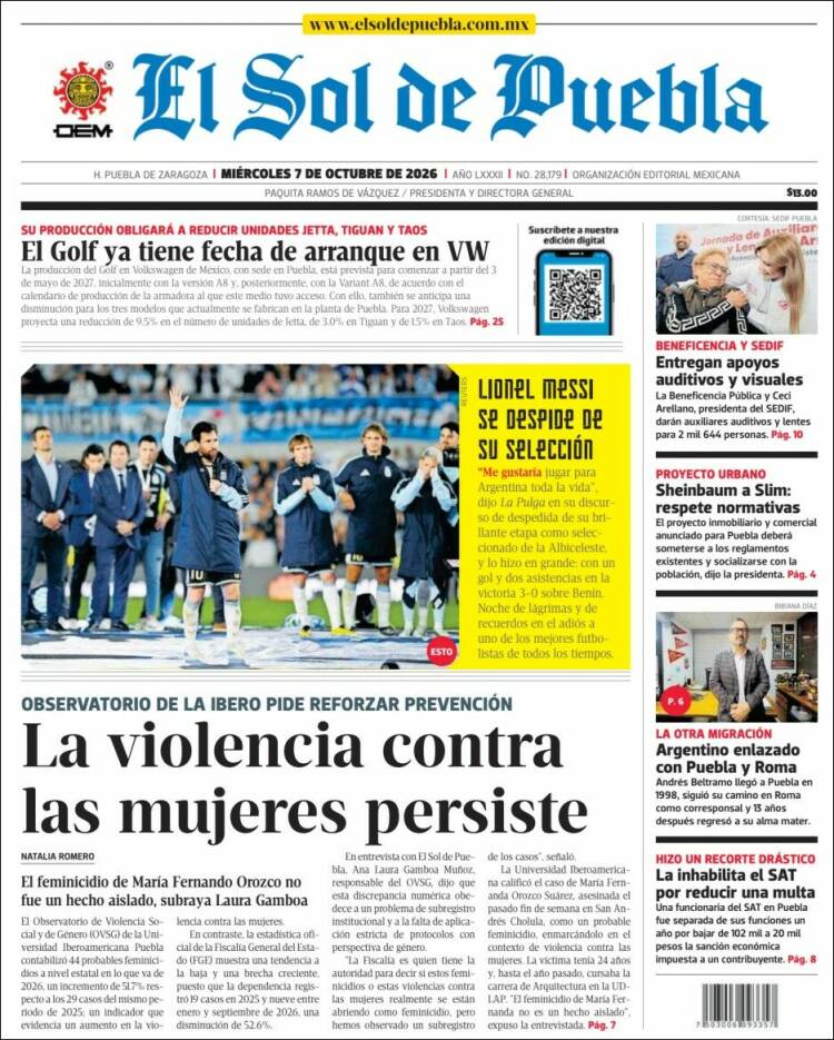 Portada de El Sol de Puebla (M&eacute;xico)
