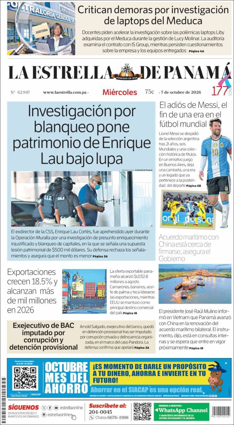 Portada de La Estrella de Panamá (Panam&aacute;)