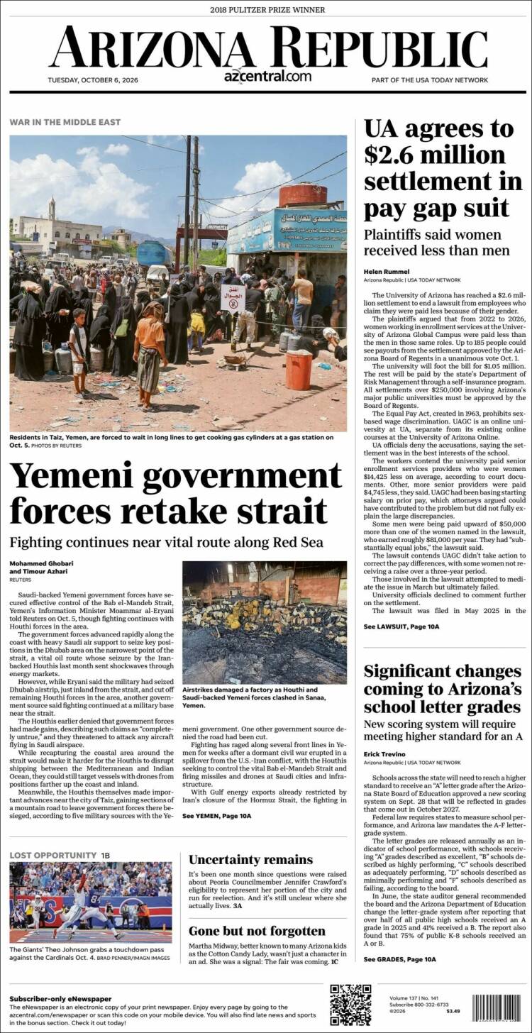 Portada de Arizona Republic News (USA)
