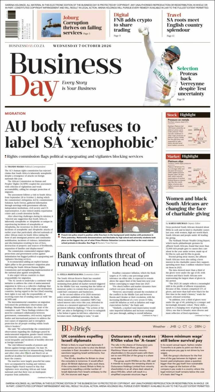 Portada de Business Day (Sud&aacute;frica)
